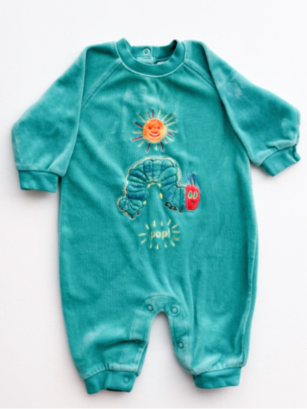 Vtg 2002 Carters Very Hungry Caterpillar Romper Velour Teal Eric Carle 3-6M